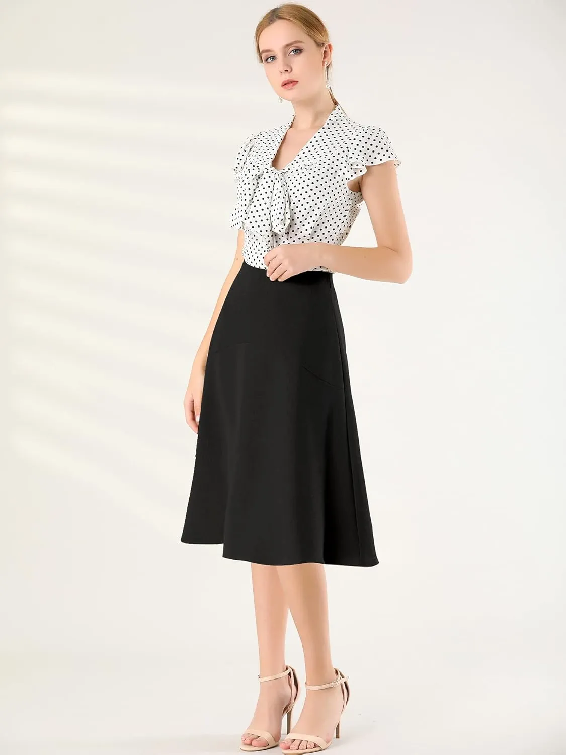 Allegra K Women's Polka Dots Tie Neck Blouse Summer Ruffled Cap Sleeve Office Top