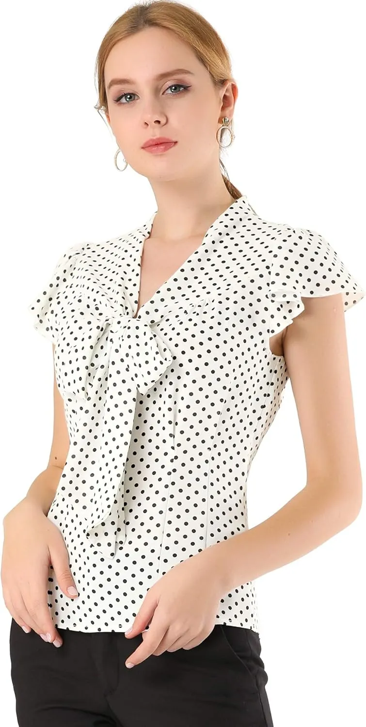 Allegra K Women's Polka Dots Tie Neck Blouse Summer Ruffled Cap Sleeve Office Top