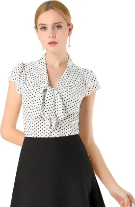 Allegra K Women's Polka Dots Tie Neck Blouse Summer Ruffled Cap Sleeve Office Top