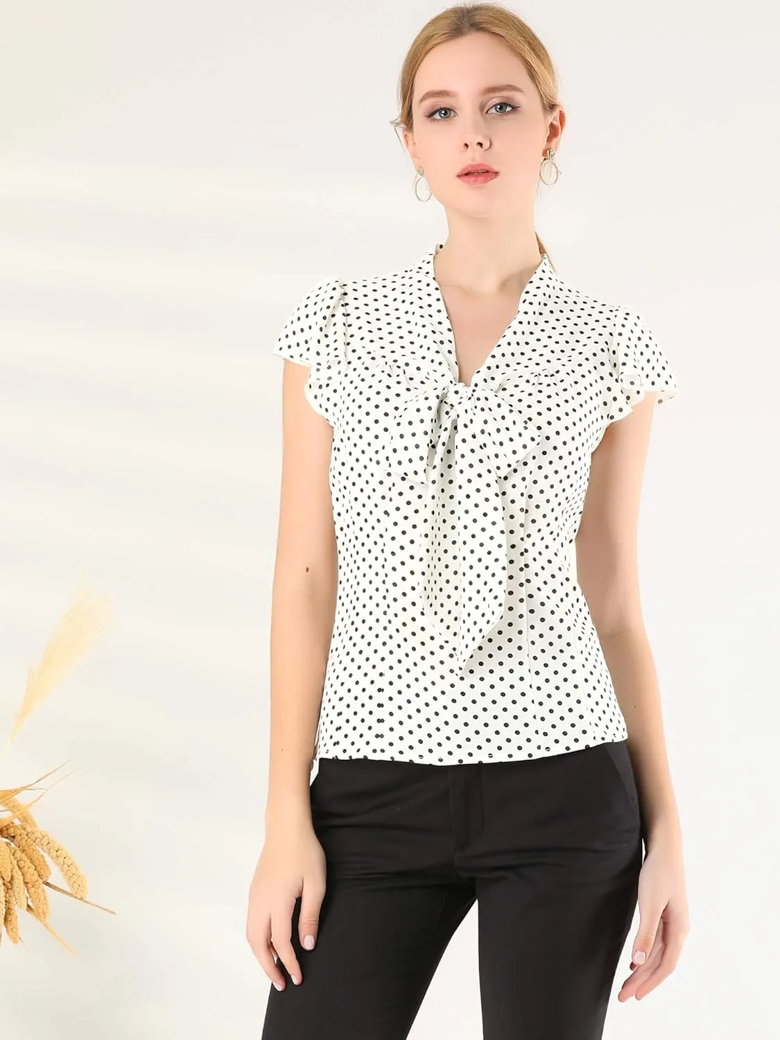 Allegra K Women's Polka Dots Tie Neck Blouse Summer Ruffled Cap Sleeve Office Top