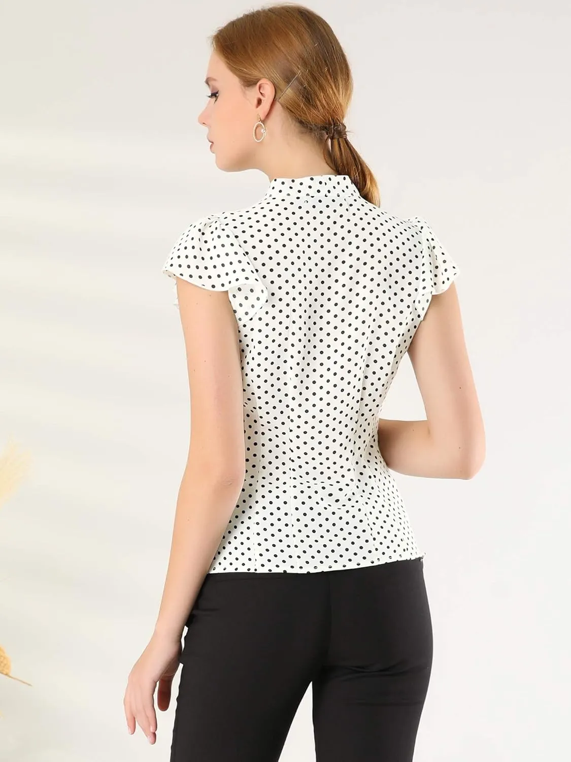 Allegra K Women's Polka Dots Tie Neck Blouse Summer Ruffled Cap Sleeve Office Top