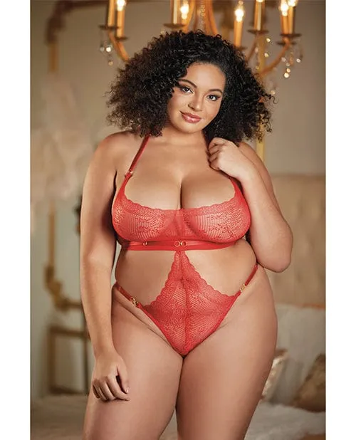 Allure Halter Ouverte Lace Teddy Black One Size Fits Most Curvy