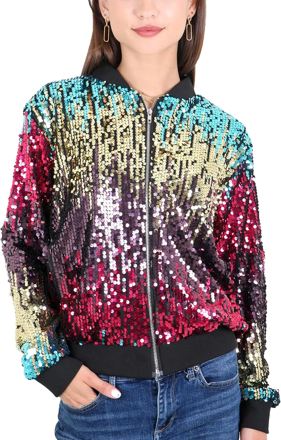 Anna-Kaci Womens Sequin Jacket Sparkle Long Sleeve Front Zip Casual Blazer Bomber Jacket With Pockets