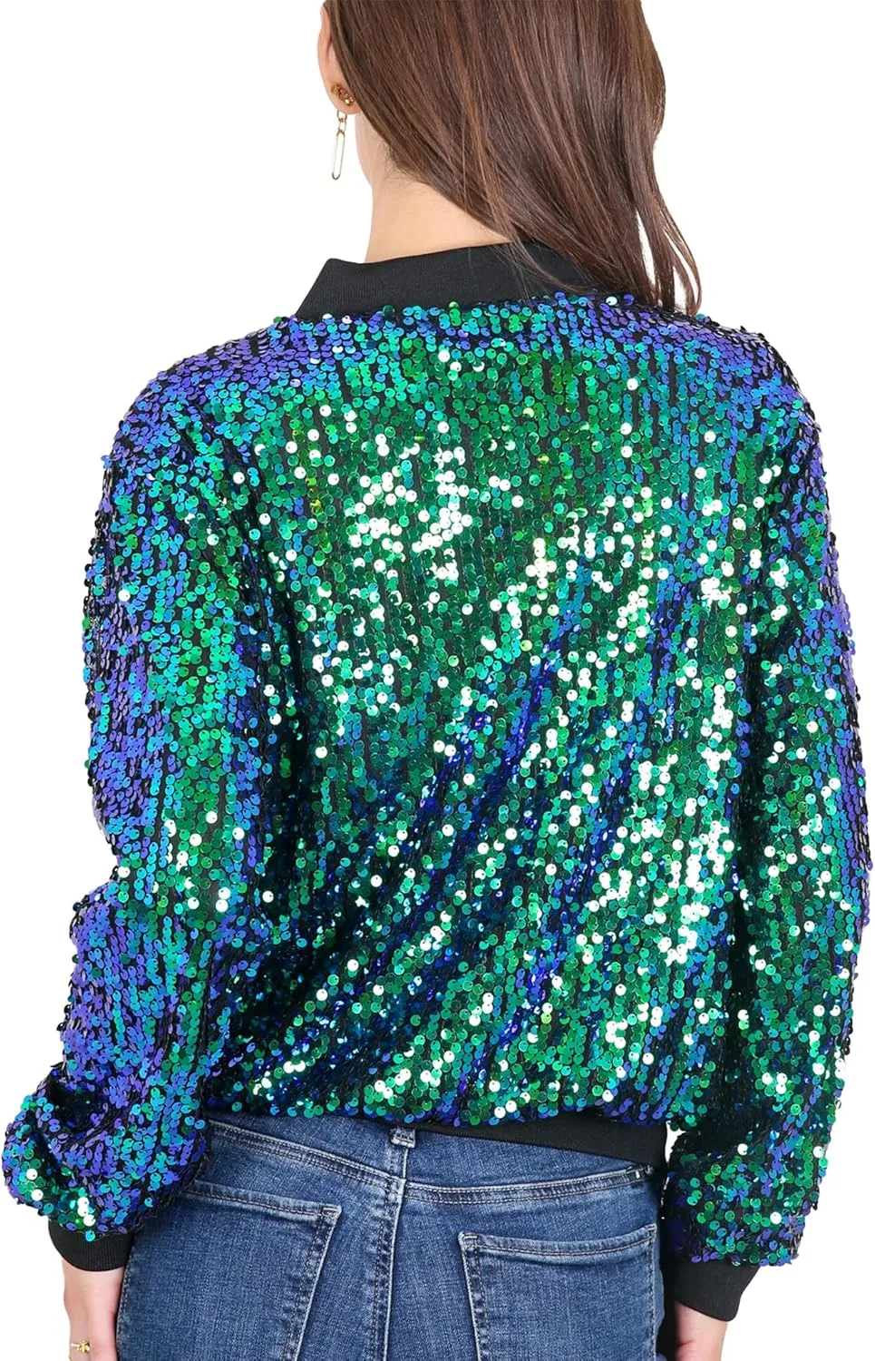 Anna-Kaci Womens Sequin Jacket Sparkle Long Sleeve Front Zip Casual Blazer Bomber Jacket With Pockets