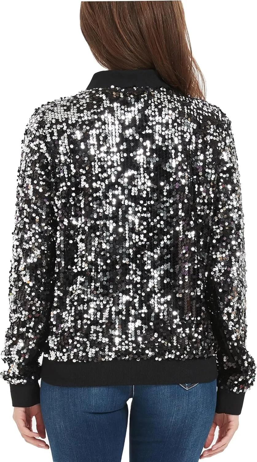 Anna-Kaci Womens Sequin Jacket Sparkle Long Sleeve Front Zip Casual Blazer Bomber Jacket With Pockets