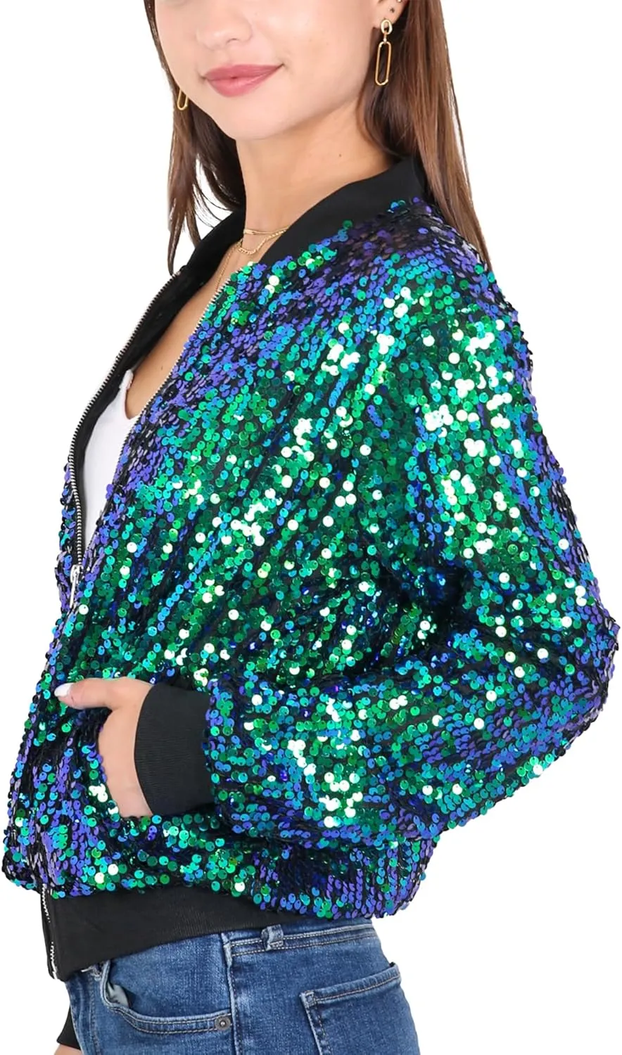 Anna-Kaci Womens Sequin Jacket Sparkle Long Sleeve Front Zip Casual Blazer Bomber Jacket With Pockets