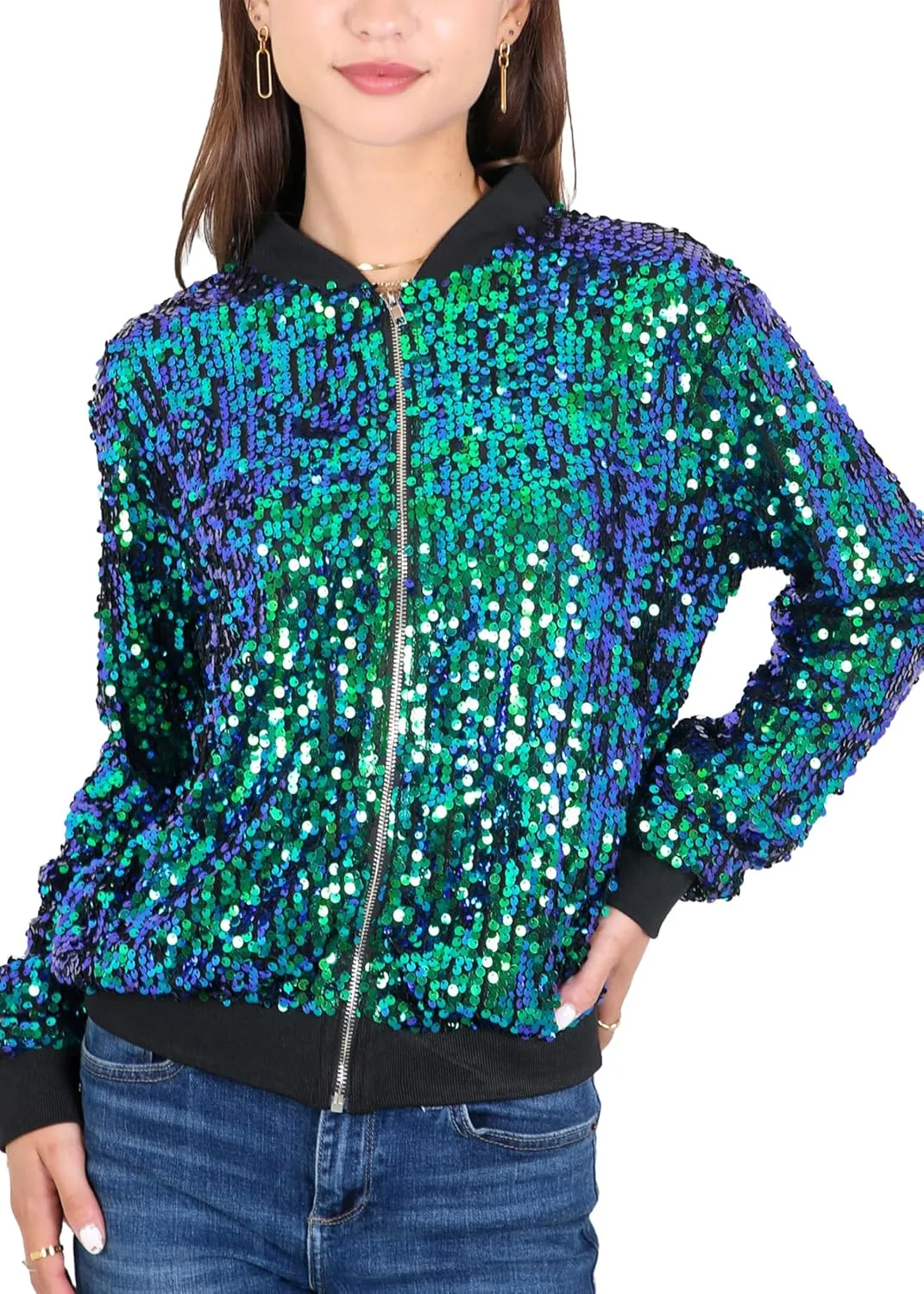 Anna-Kaci Womens Sequin Jacket Sparkle Long Sleeve Front Zip Casual Blazer Bomber Jacket With Pockets