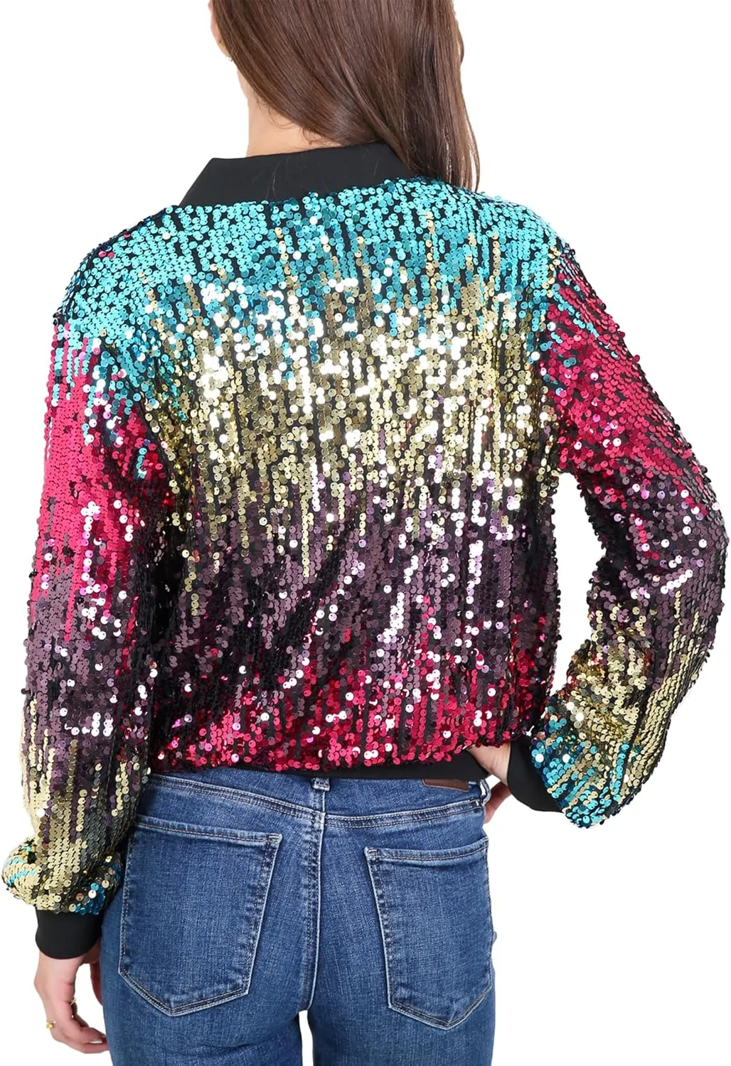 Anna-Kaci Womens Sequin Jacket Sparkle Long Sleeve Front Zip Casual Blazer Bomber Jacket With Pockets