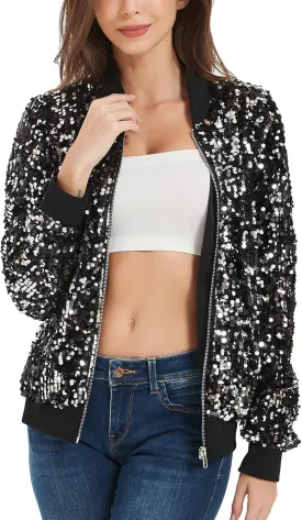 Anna-Kaci Womens Sequin Jacket Sparkle Long Sleeve Front Zip Casual Blazer Bomber Jacket With Pockets