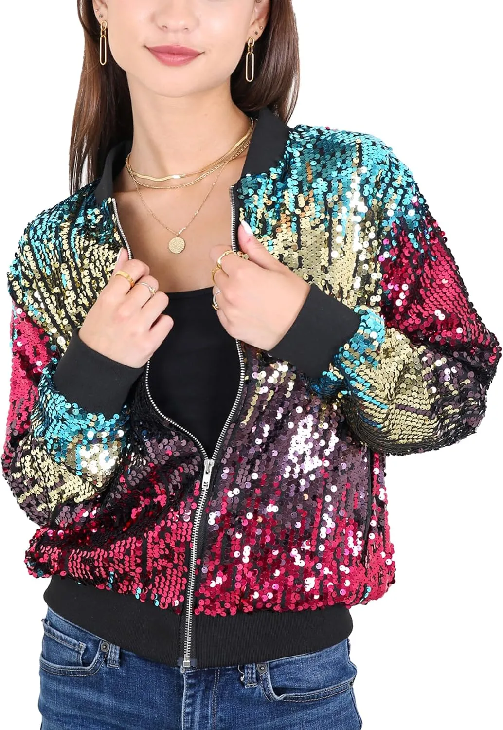 Anna-Kaci Womens Sequin Jacket Sparkle Long Sleeve Front Zip Casual Blazer Bomber Jacket With Pockets