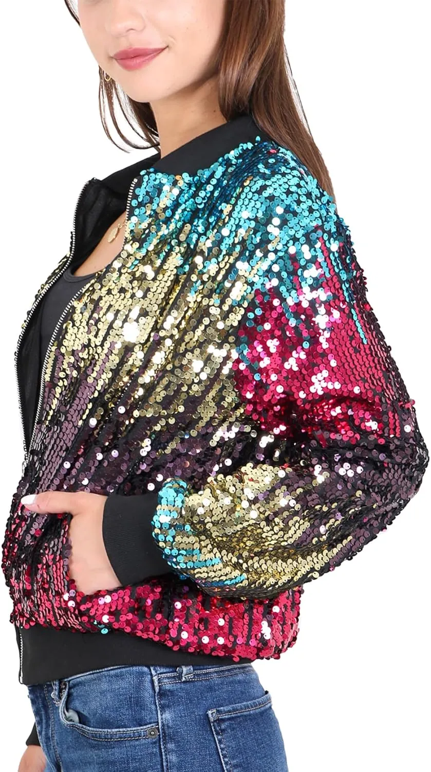 Anna-Kaci Womens Sequin Jacket Sparkle Long Sleeve Front Zip Casual Blazer Bomber Jacket With Pockets