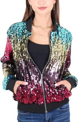 Anna-Kaci Womens Sequin Jacket Sparkle Long Sleeve Front Zip Casual Blazer Bomber Jacket With Pockets