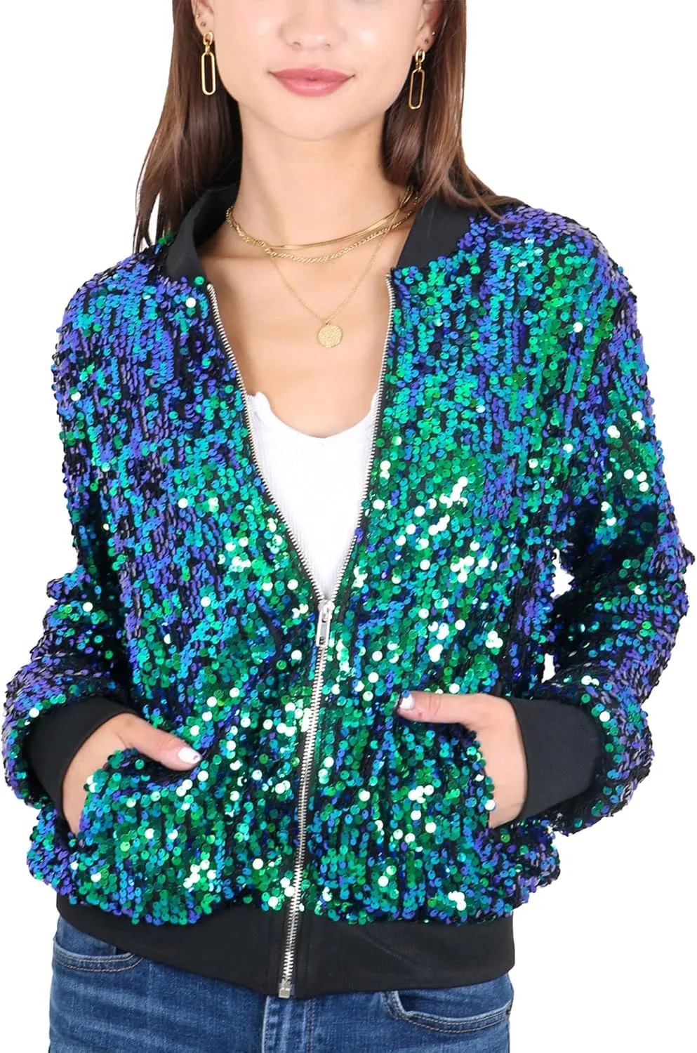 Anna-Kaci Womens Sequin Jacket Sparkle Long Sleeve Front Zip Casual Blazer Bomber Jacket With Pockets