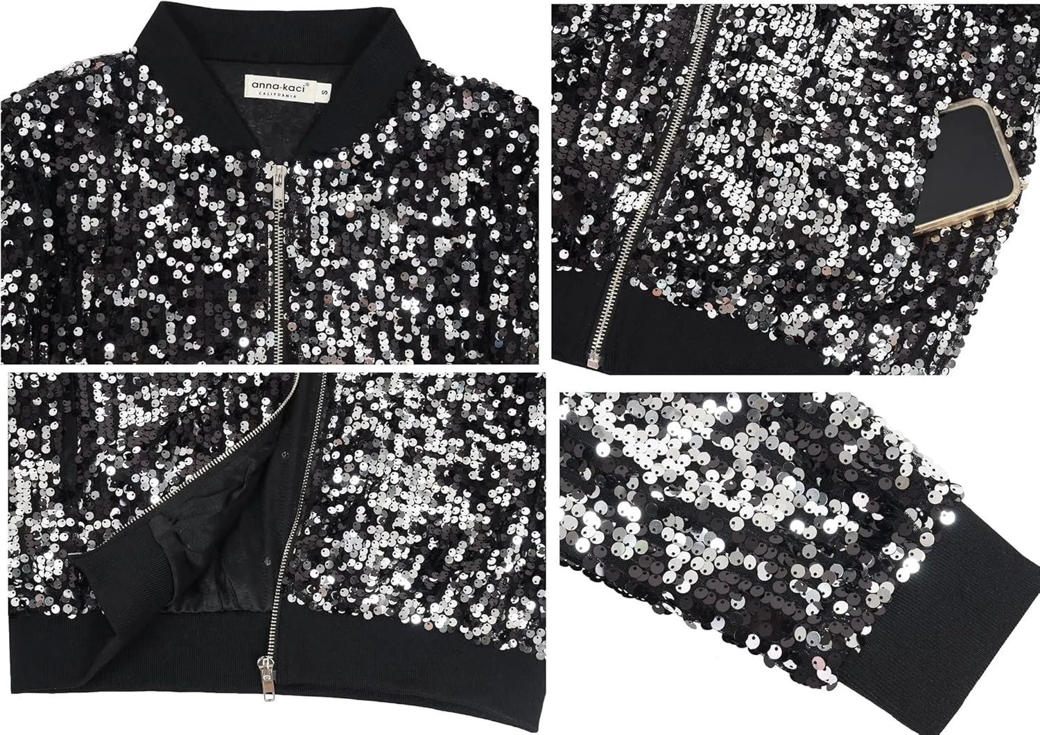 Anna-Kaci Womens Sequin Jacket Sparkle Long Sleeve Front Zip Casual Blazer Bomber Jacket With Pockets