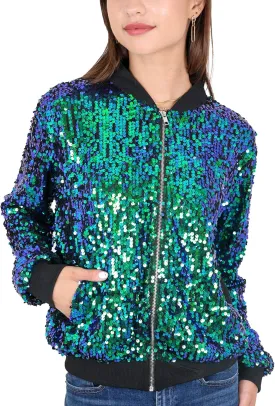 Anna-Kaci Womens Sequin Jacket Sparkle Long Sleeve Front Zip Casual Blazer Bomber Jacket With Pockets