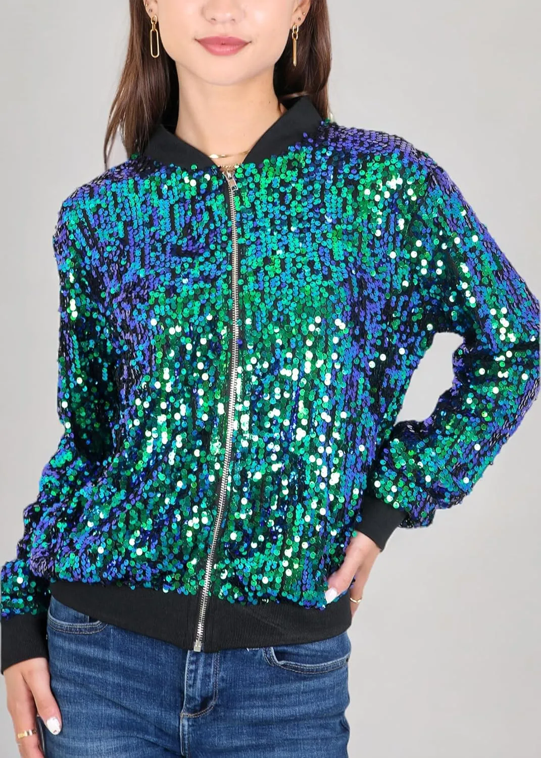 Anna-Kaci Womens Sequin Jacket Sparkle Long Sleeve Front Zip Casual Blazer Bomber Jacket With Pockets