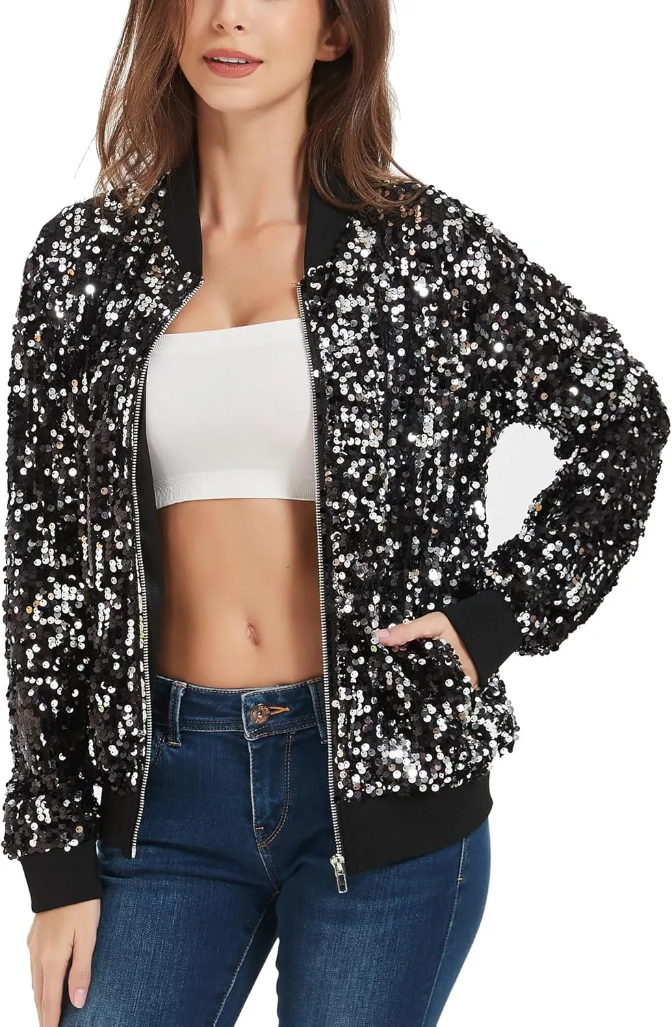 Anna-Kaci Womens Sequin Jacket Sparkle Long Sleeve Front Zip Casual Blazer Bomber Jacket With Pockets