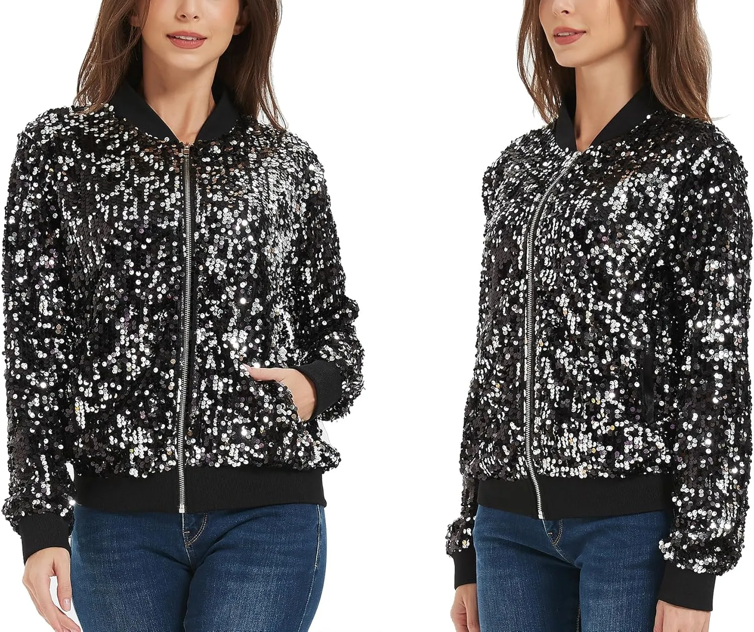 Anna-Kaci Womens Sequin Jacket Sparkle Long Sleeve Front Zip Casual Blazer Bomber Jacket With Pockets