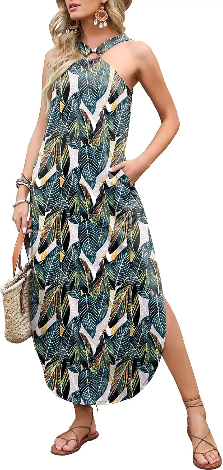 ANRABESS Women Summer Halter Neck Sundress Sleeveless Split Side Casual Beach Travel Vacation Maxi Long Dress with Pockets