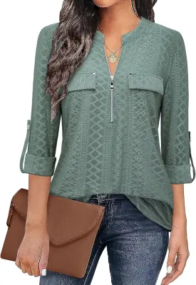Bulotus Women's Zip Front V-Neck 3/4 Sleeve Tunic Casual Top