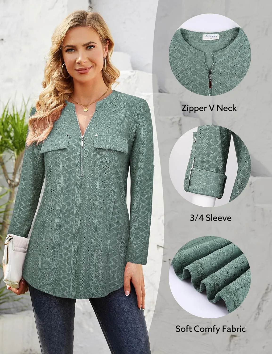 Bulotus Women's Zip Front V-Neck 3/4 Sleeve Tunic Casual Top