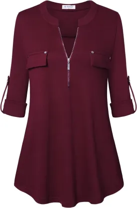 Bulotus Women's Zip Front V-Neck 3/4 Sleeve Tunic Casual Top