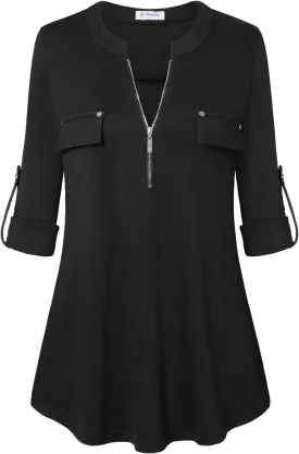 Bulotus Women's Zip Front V-Neck 3/4 Sleeve Tunic Casual Top