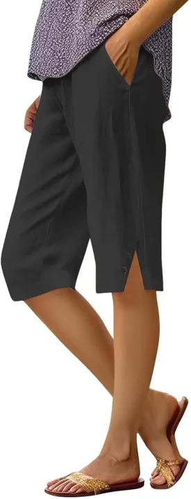 Capris for Women,Womens Capris Linen Pants with Pockets Cotton Trousers for Women Ladies Summer Loose Slacks