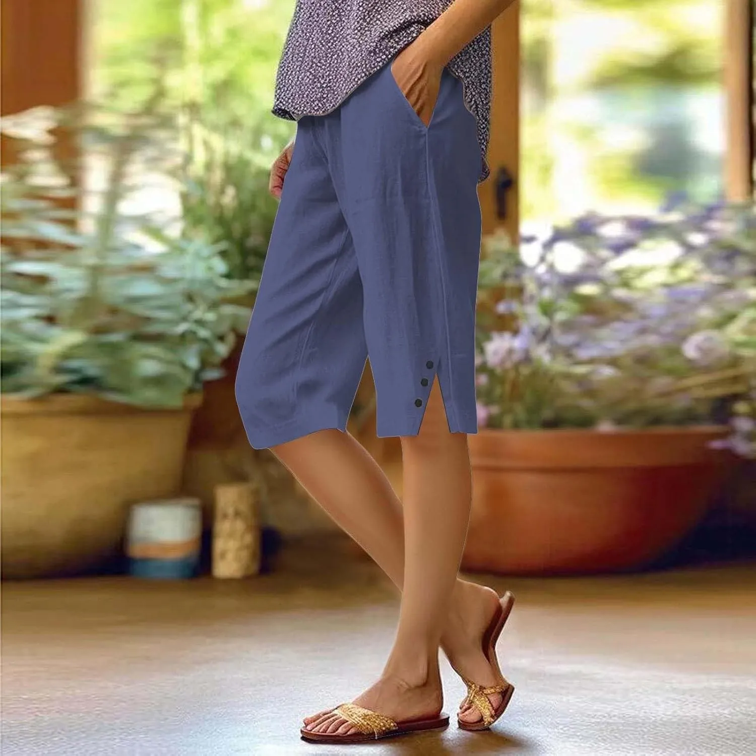 Capris for Women,Womens Capris Linen Pants with Pockets Cotton Trousers for Women Ladies Summer Loose Slacks