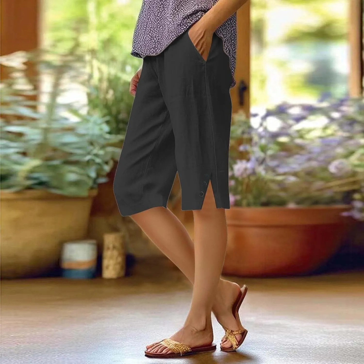 Capris for Women,Womens Capris Linen Pants with Pockets Cotton Trousers for Women Ladies Summer Loose Slacks