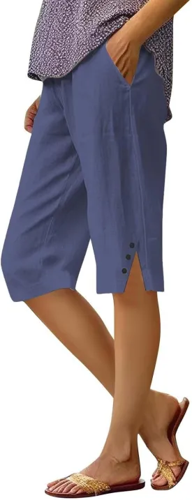 Capris for Women,Womens Capris Linen Pants with Pockets Cotton Trousers for Women Ladies Summer Loose Slacks
