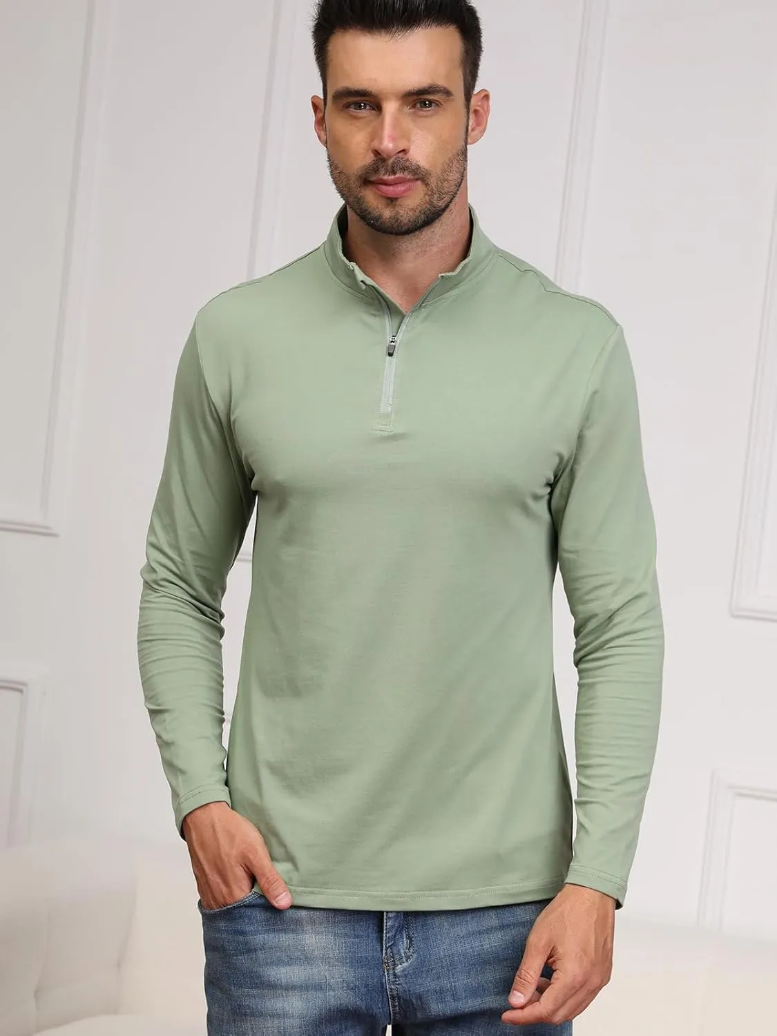 CARWORNIC Men's 1/4 Zip Pullover Long Sleeve Shirt Casual Slim Fit Stretch Cotton Mock Neck Work Golf Shirts