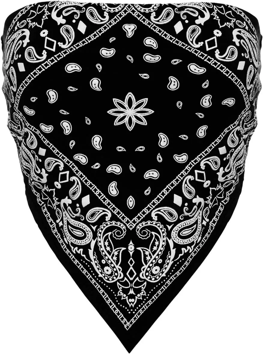 Design by Olivia Women's Sexy Paisley Print/Solid Bandana Tube Crop Top Shirt- Made in USA