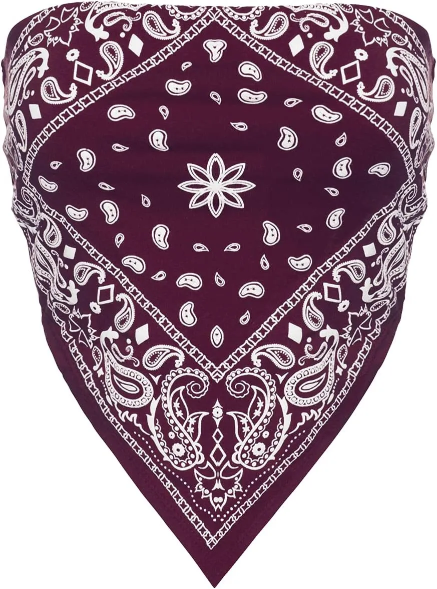 Design by Olivia Women's Sexy Paisley Print/Solid Bandana Tube Crop Top Shirt- Made in USA