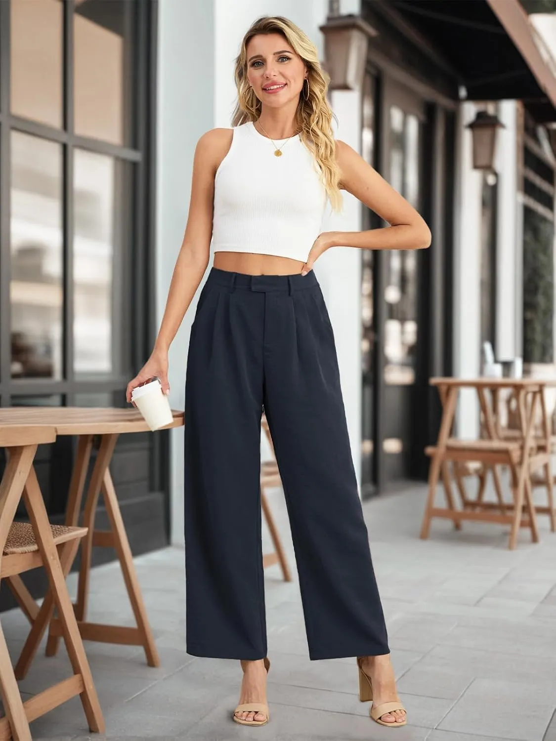 Feiersi Women's Wide Leg Pants Casual High Waisted Slacks Straight Dressy Pants Palazzo Trousers with Pockets