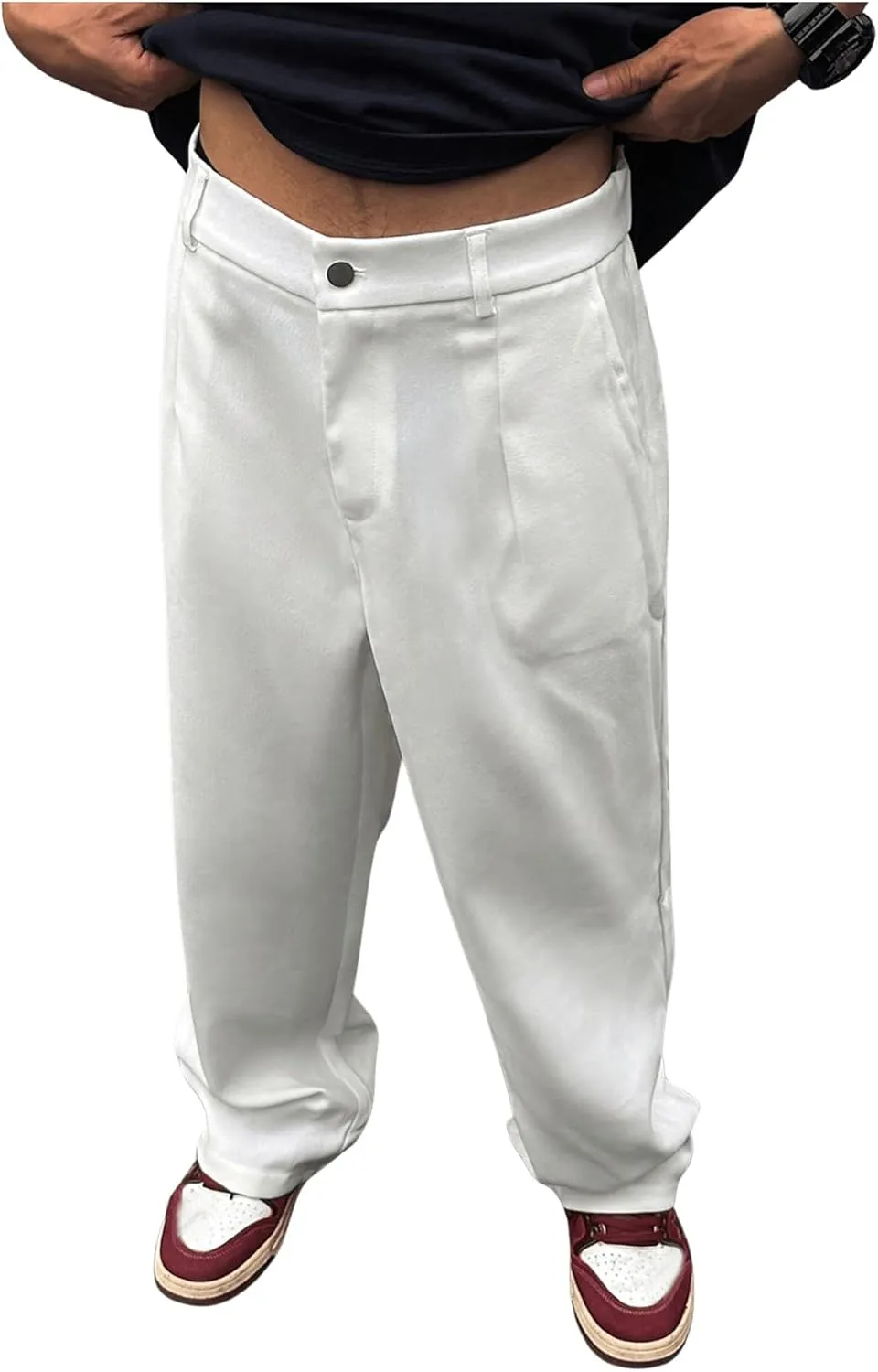 GORGLITTER Men's Button Front Pleated Casual Trousers Classic Fit Wide Leg High Waisted Zip Fly Work Business Pants