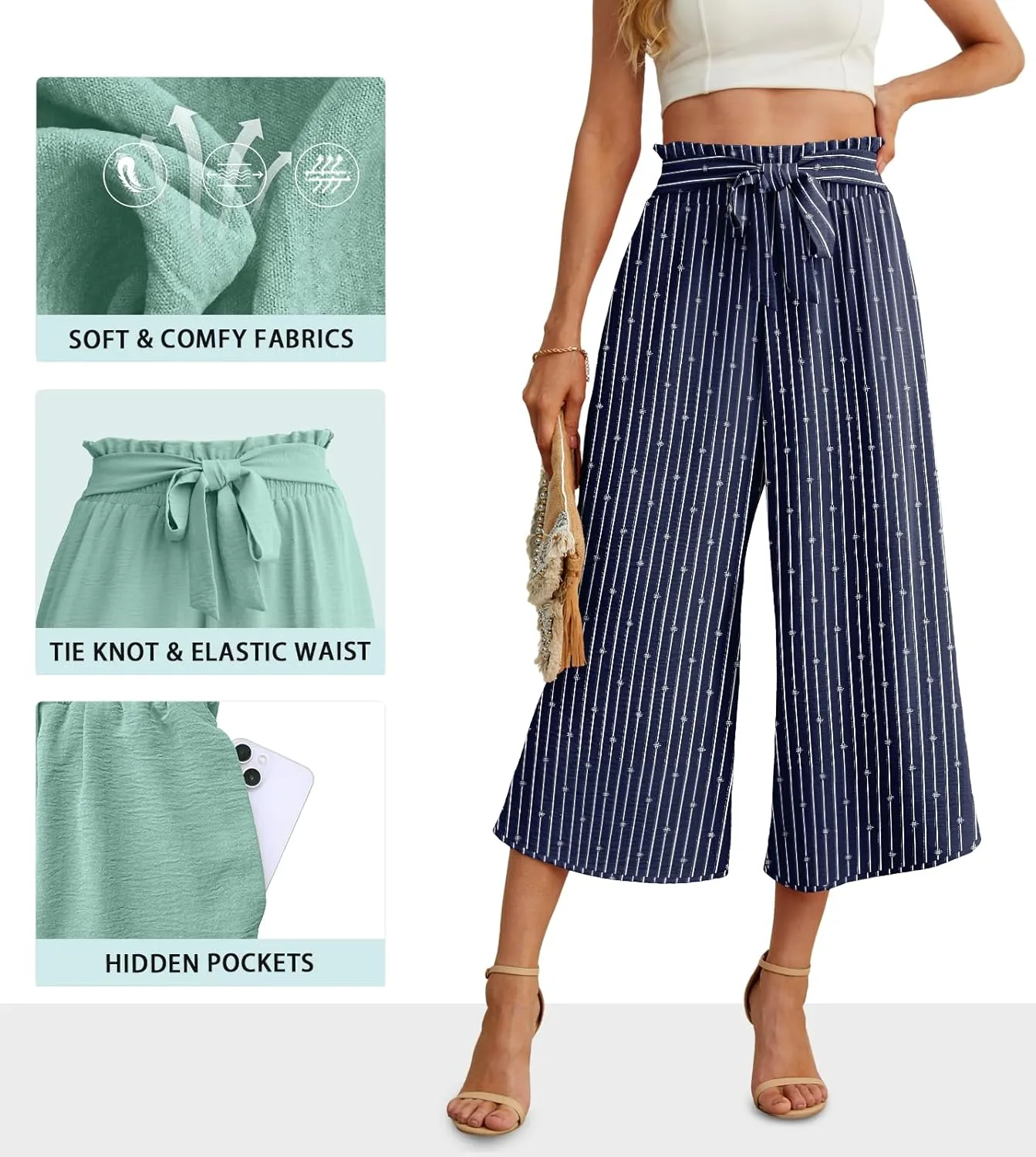 IWOLLENCE Women Flowy Loose Wide Leg Pant Summer Beach Casual Trousers high Waist Adjustable Knot Business Work Casual Pants