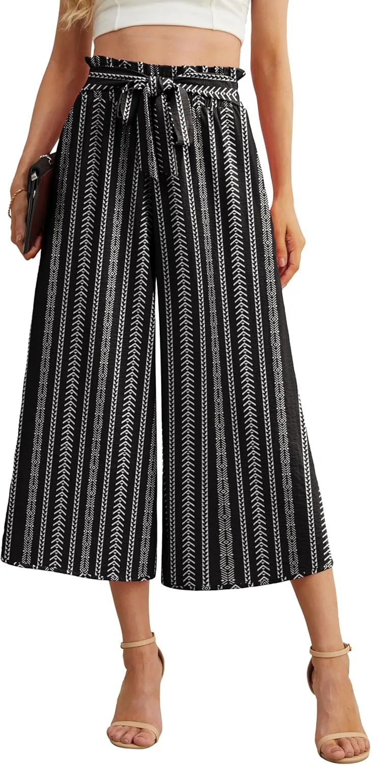 IWOLLENCE Women Flowy Loose Wide Leg Pant Summer Beach Casual Trousers high Waist Adjustable Knot Business Work Casual Pants