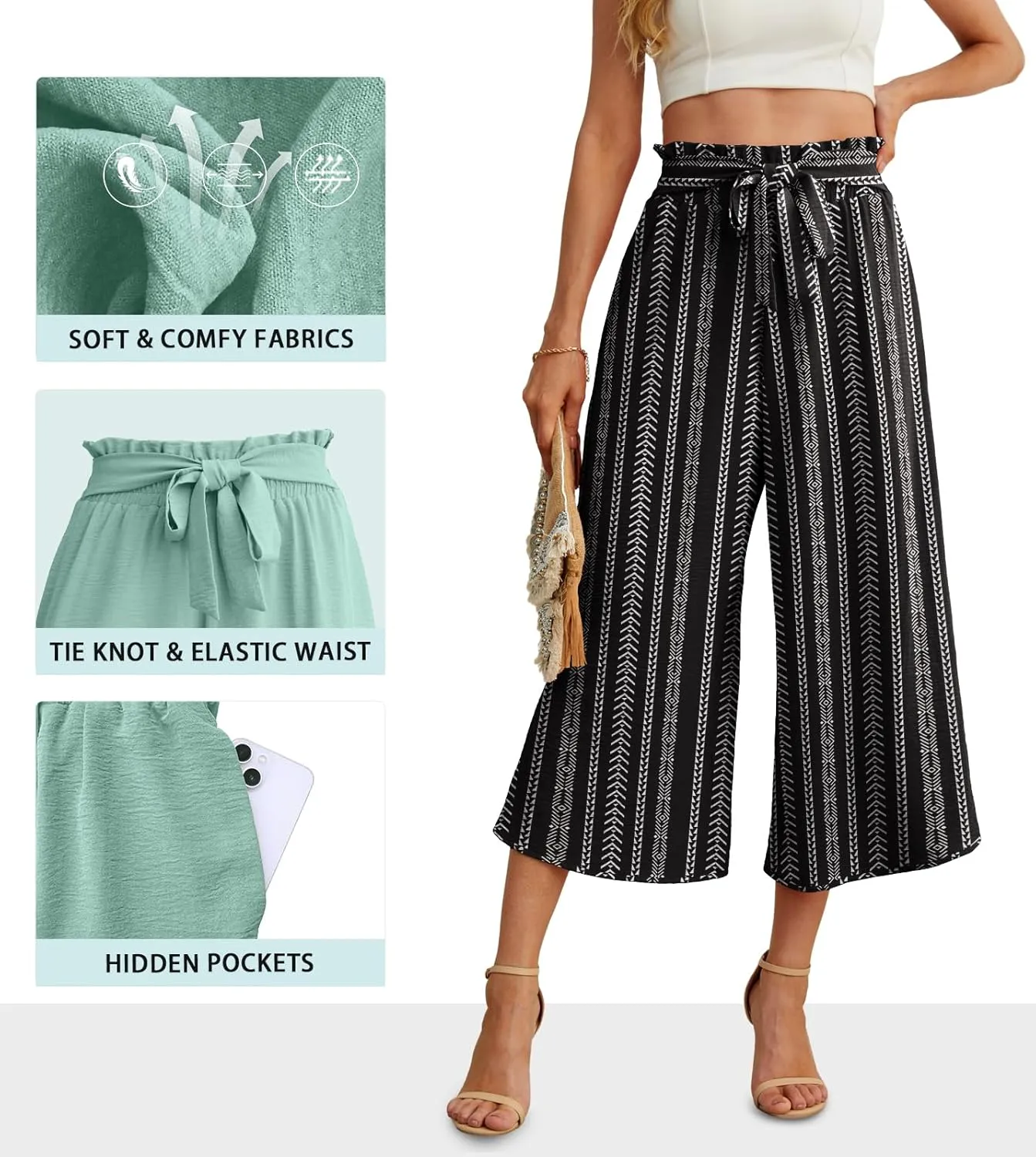 IWOLLENCE Women Flowy Loose Wide Leg Pant Summer Beach Casual Trousers high Waist Adjustable Knot Business Work Casual Pants