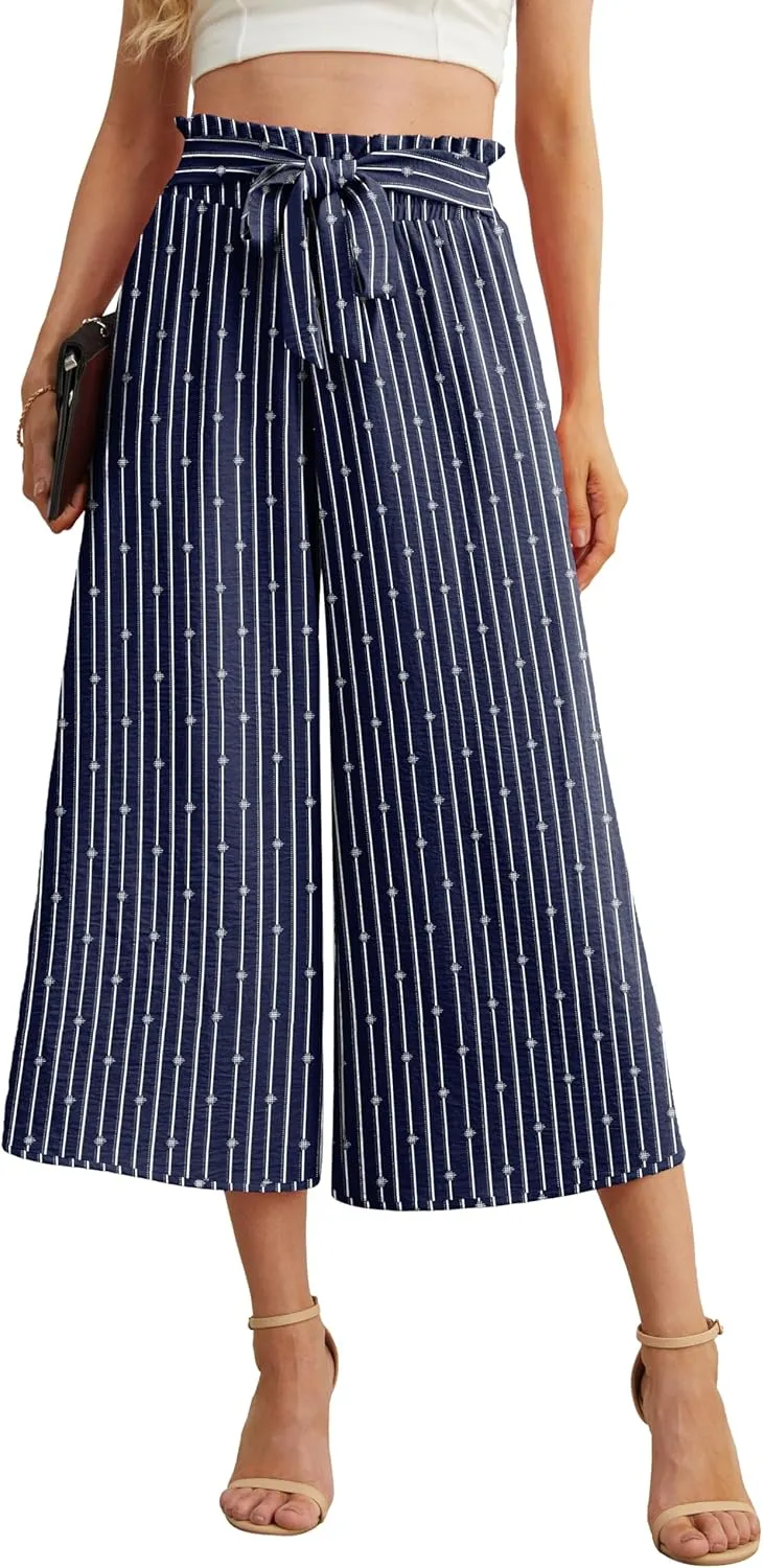 IWOLLENCE Women Flowy Loose Wide Leg Pant Summer Beach Casual Trousers high Waist Adjustable Knot Business Work Casual Pants