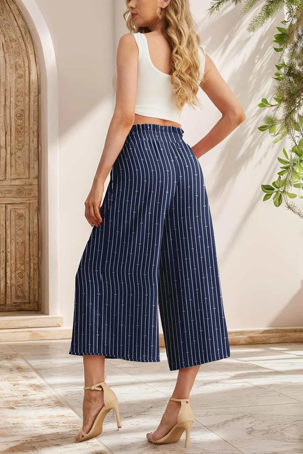 IWOLLENCE Women Flowy Loose Wide Leg Pant Summer Beach Casual Trousers high Waist Adjustable Knot Business Work Casual Pants