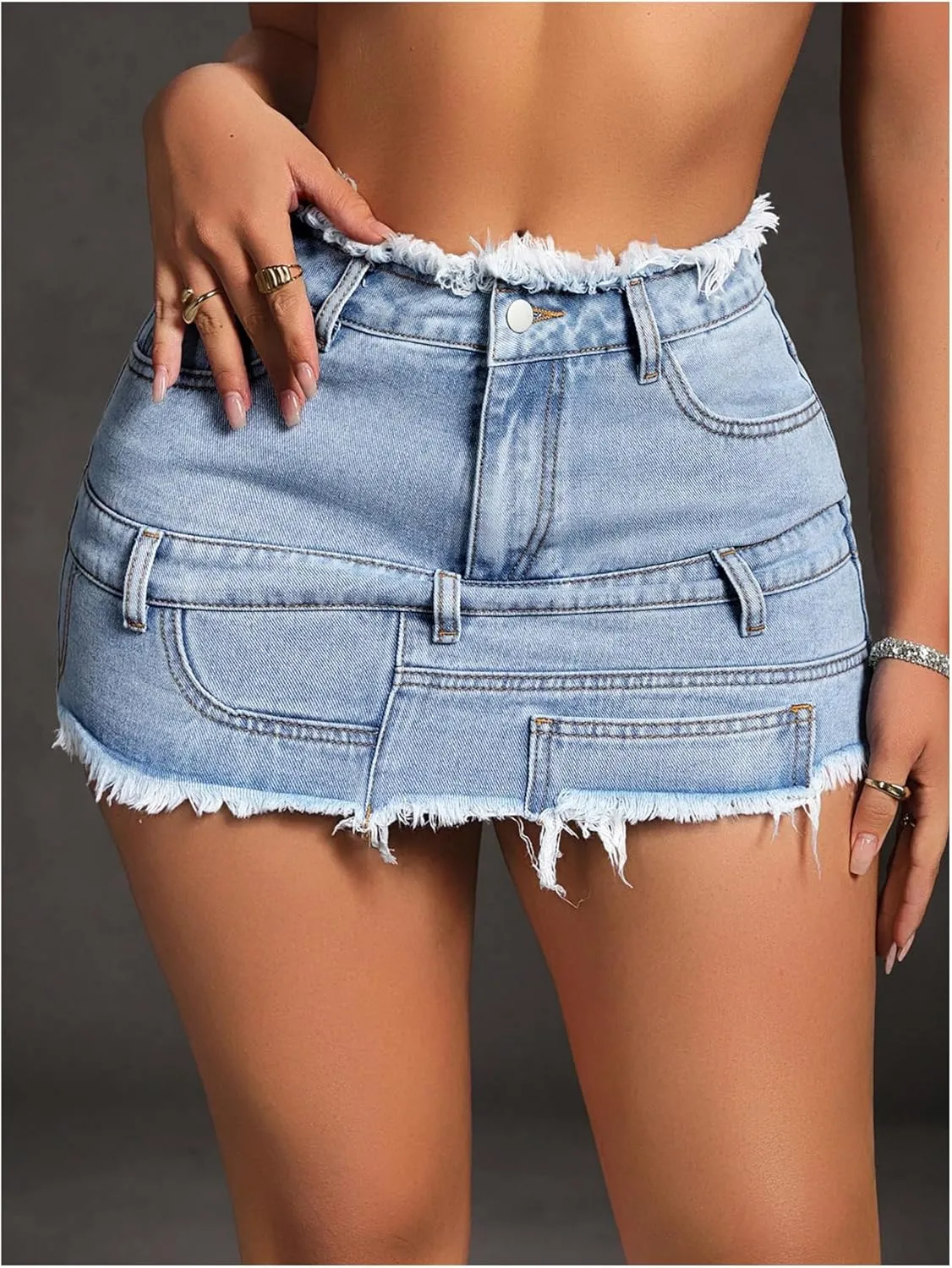 MakeMeChic Women's Distressed Trim Button Front Zip Fly Skinny Fit Denim Mini Skirts