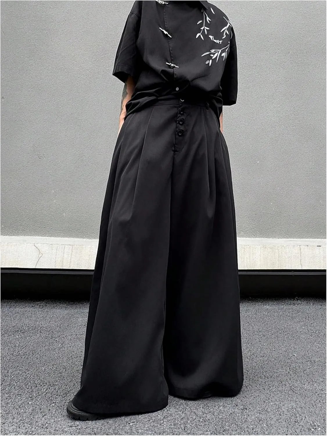 OYOANGLE Men's Baggy Wide Leg Pants Button Front Pleated Long Trousers Zipper Fly Palazzo Pants Streetwear