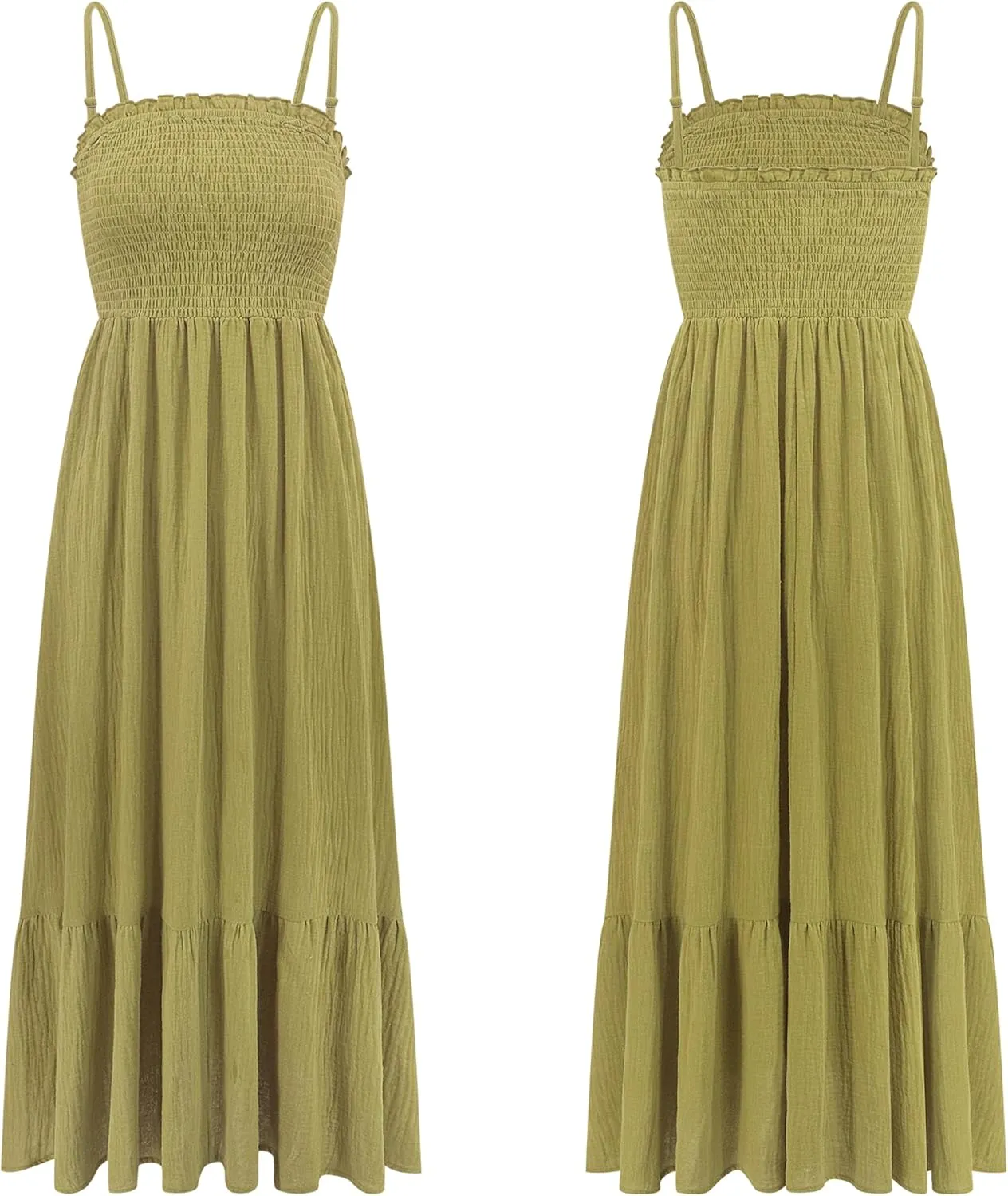 R.Vivimos Womens Summer Boho Cotton Maxi Dress Adjustable Spaghetti Strap Elastic Smocked Casual Ruffle Hem Flowy Beach Dress