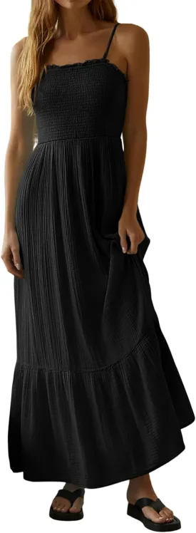 R.Vivimos Womens Summer Boho Cotton Maxi Dress Adjustable Spaghetti Strap Elastic Smocked Casual Ruffle Hem Flowy Beach Dress