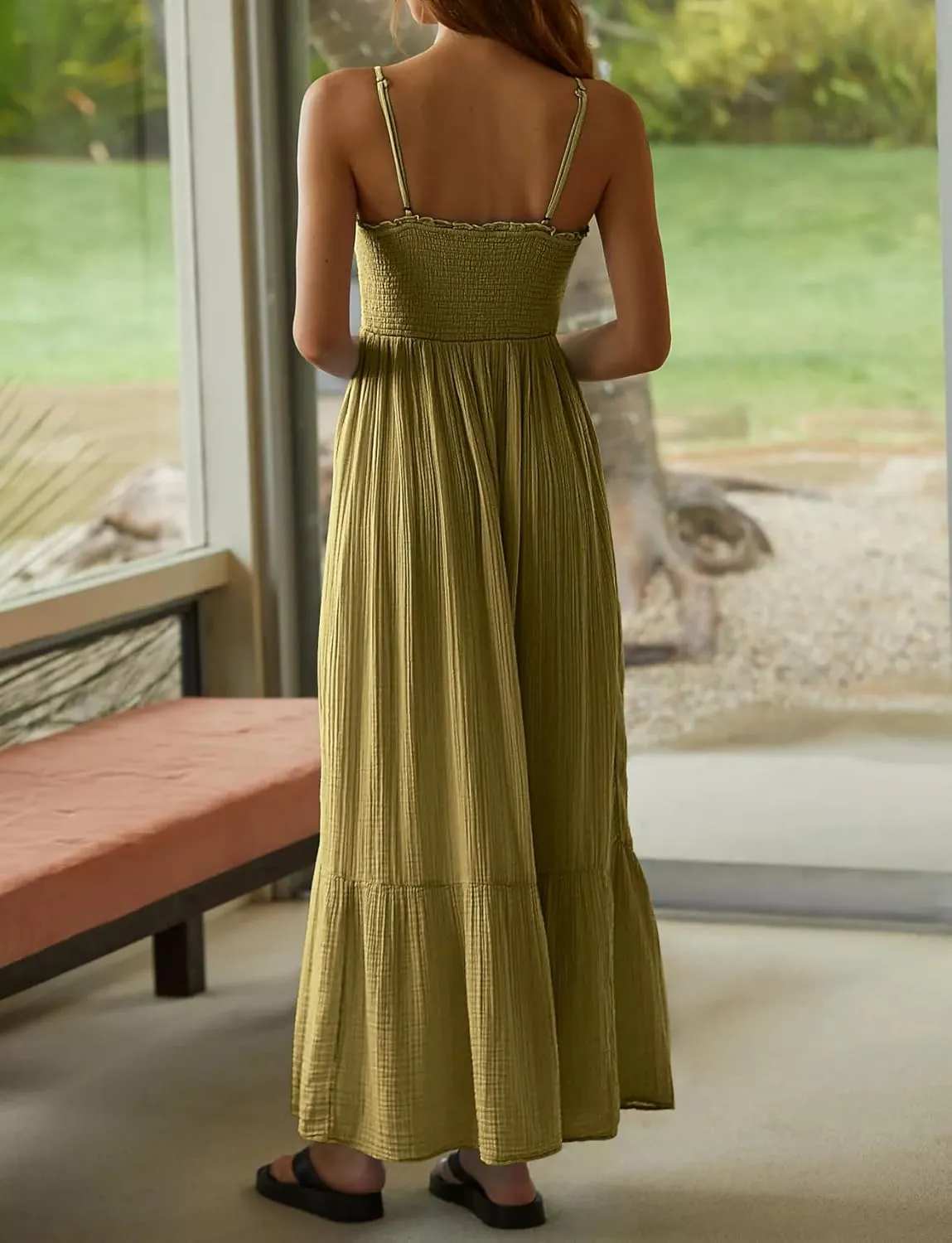 R.Vivimos Womens Summer Boho Cotton Maxi Dress Adjustable Spaghetti Strap Elastic Smocked Casual Ruffle Hem Flowy Beach Dress