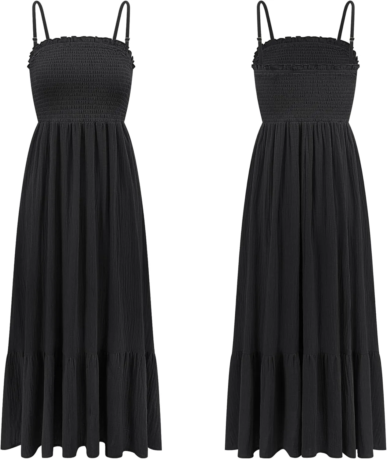 R.Vivimos Womens Summer Boho Cotton Maxi Dress Adjustable Spaghetti Strap Elastic Smocked Casual Ruffle Hem Flowy Beach Dress