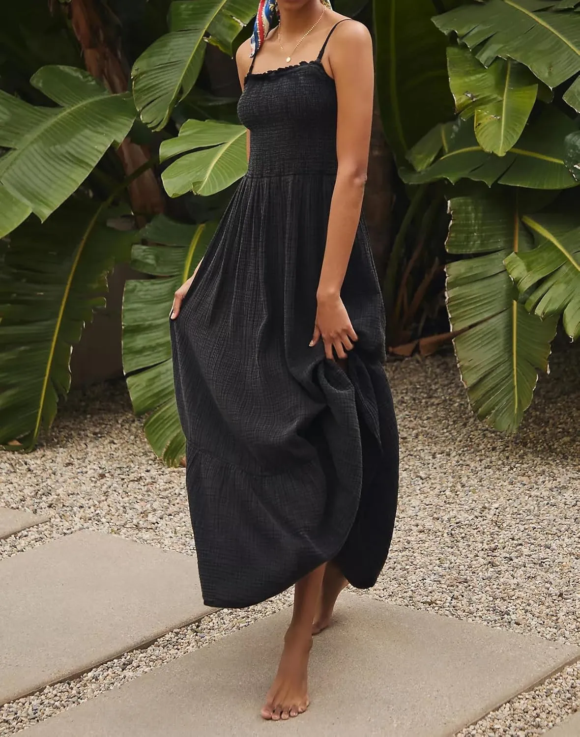 R.Vivimos Womens Summer Boho Cotton Maxi Dress Adjustable Spaghetti Strap Elastic Smocked Casual Ruffle Hem Flowy Beach Dress