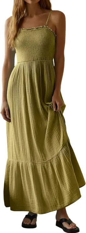 R.Vivimos Womens Summer Boho Cotton Maxi Dress Adjustable Spaghetti Strap Elastic Smocked Casual Ruffle Hem Flowy Beach Dress
