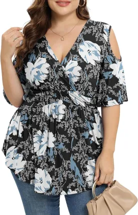 TIANZHU Plus Size Tops for Women Sexy Empire Waist Dressy Short Sleeve Shirts with Cold Shoulder Detail